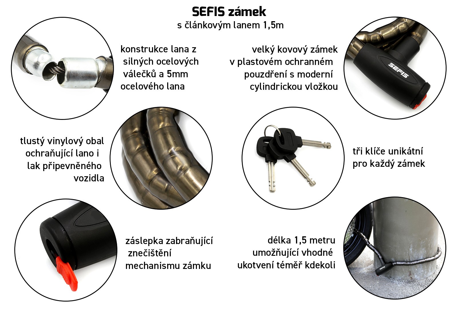 zámek s článkovým lanem 1,5M - 3. pohled